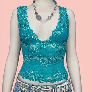 Marciano Teal Y2k Lace Cami Top with sequins